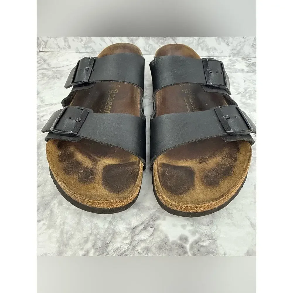 BIRKENSTOCK Arizona Men's Sz 10 Black Leather Two-Strap Sandals Cork Footbed